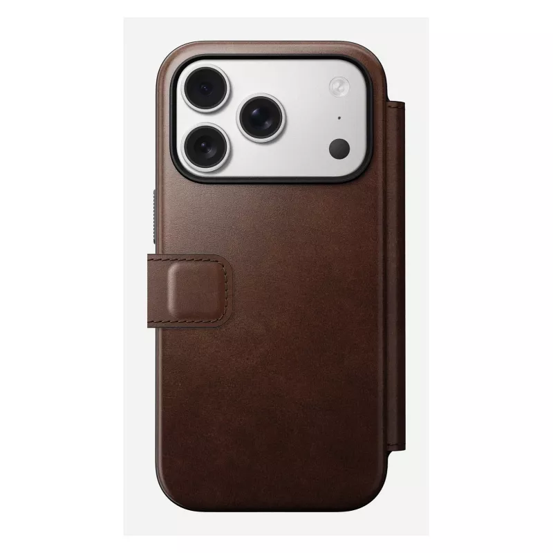 Capa para telemóvel Nomad Modern Leather Folio para iPhone 17 Pro, pele/alumínio, 16 cm (6,3 polegadas) castanha, 4 compartimentos para cartões