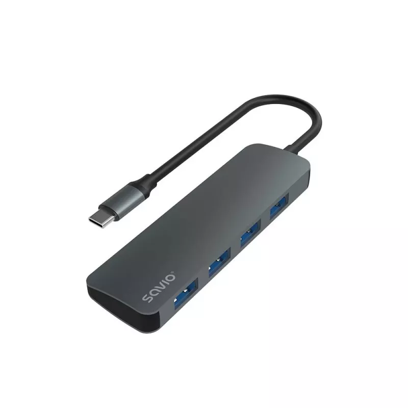 Hub USB SAVIO AK-54 — 4 x USB-A (USB 3.2 Gen 1), host USB-C, preto