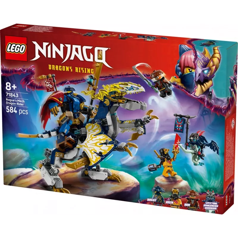 LEGO NINJAGO Conjunto 71843 Rogue’s Mech Dragon Rider — 584 peças, 4 minifiguras, 190 mm de altura do modelo