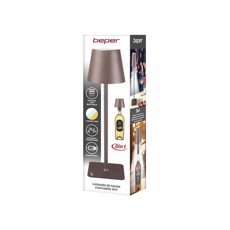Beper P201UTP120 candeeiro de mesa LED recarregável, 1,5 W, interruptor tátil, regulável, adaptador para garrafa de 33 mm, resistente à água, castanho