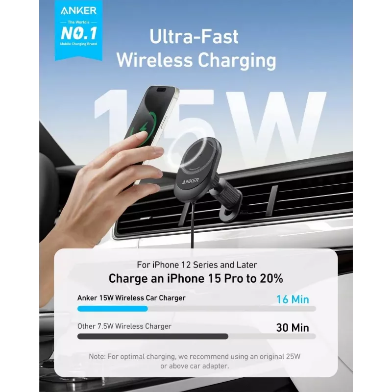 Carregador de automóvel magnético sem fios Anker MagGo 15W — Carregamento rápido magnético Qi de 15W para smartphones, preto