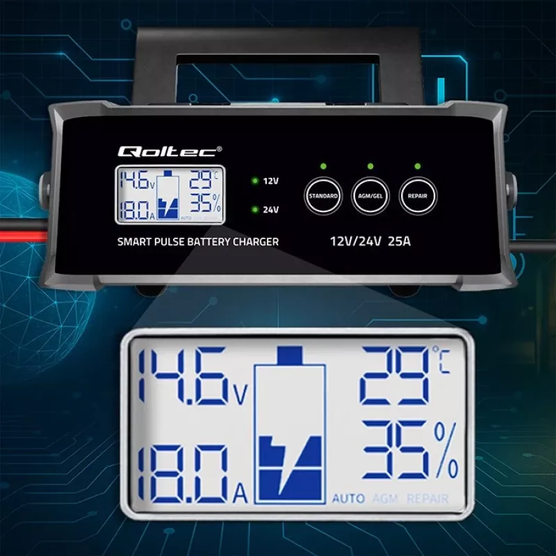 Carregador de bateria QOLTEC 52514 — 12V/24V, 25A, para baterias AGM/GEL/SLA com visor LCD