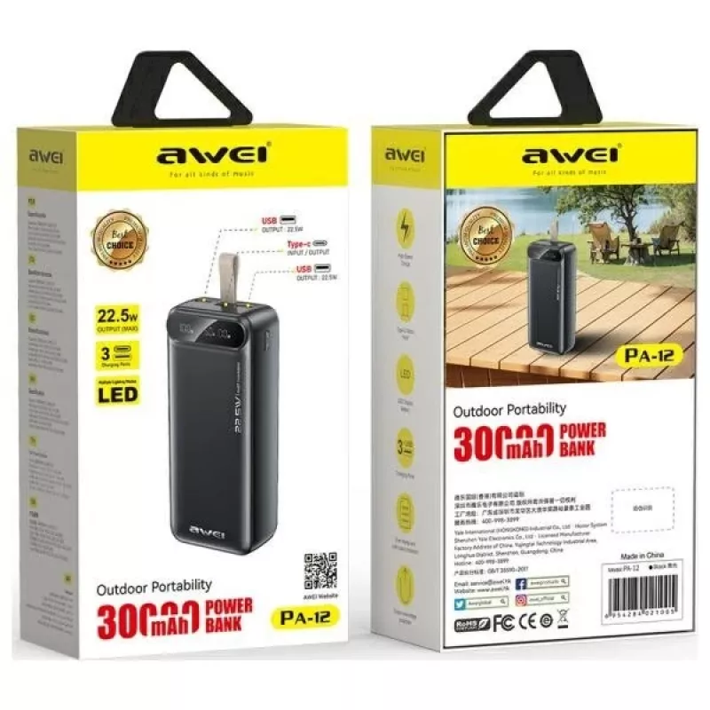 Powerbank portátil AWEI PA-12 30000mAh 22.5W preto