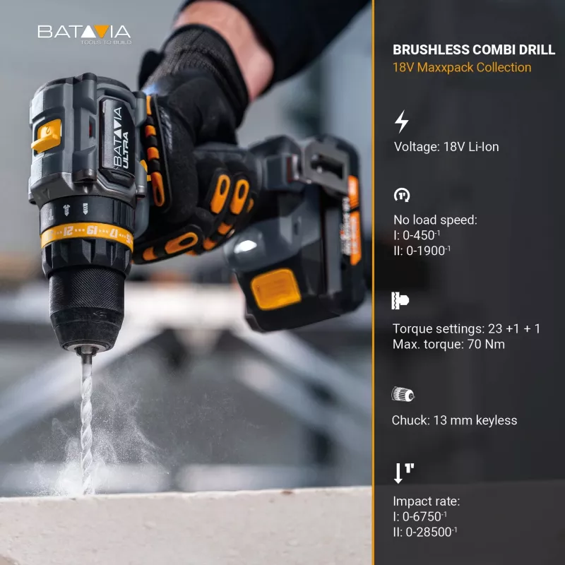 Batavia B.V. Berbequim de impacto sem escovas a bateria 18V 70 Nm, sem bateria e carregador
