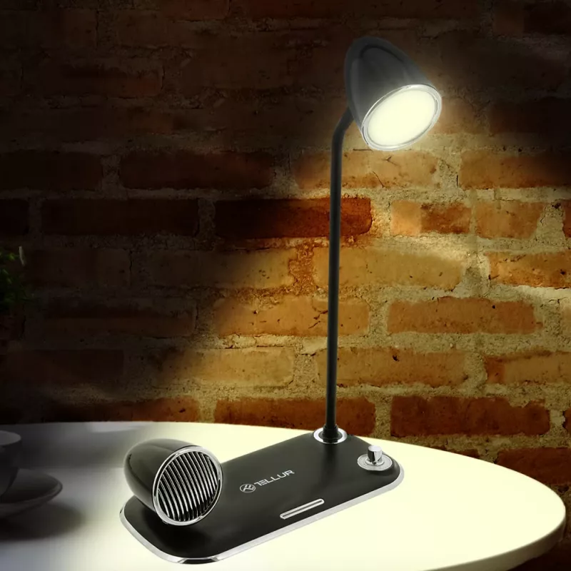 Candeeiro de mesa Tellur TLL151361 com carregador sem fios Qi e altifalante Bluetooth, iluminação ajustável
