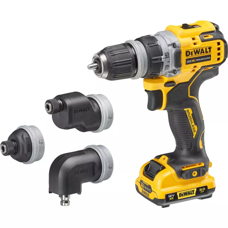 DeWALT DCD703L2T-QW 12 V XR berbequim-aparafusadora a bateria com cabeças intercambiáveis, 2x 3,0 Ah Li-Ion, 4 cabeças, 1500 rpm, mandril sem chave de 10 mm, 0,9 kg, amarelo/preto