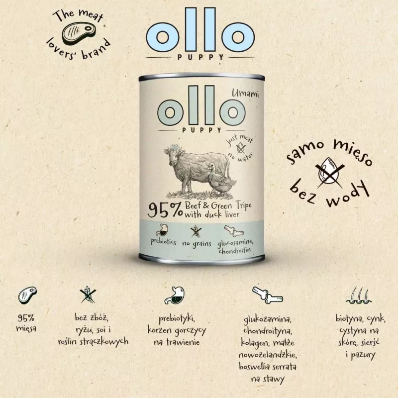 OLLO Puppy Umami Beef and Green Tripe with Duck Liver – comida húmida para cães – 850g