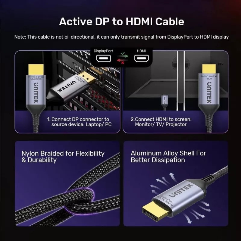 CABO UNITEK DISPLAYPORT 1.4 PARA HDMI 2.1, 8K, 1,8 M
