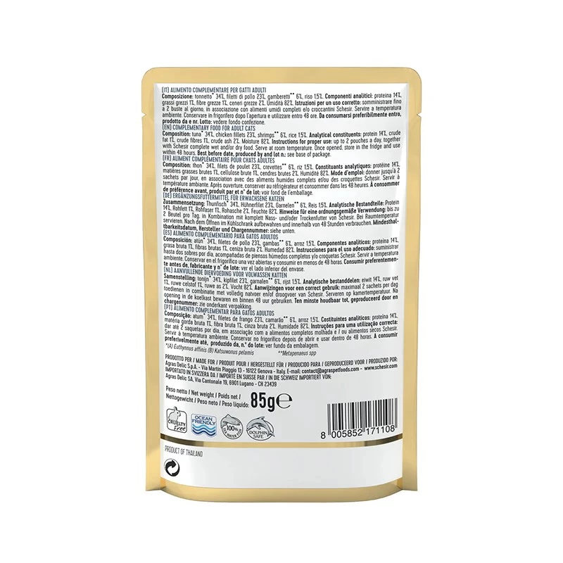 SCHESIR Atum e Frango com Camarão em Gelatina - Alimento húmido para gatos - 85 g