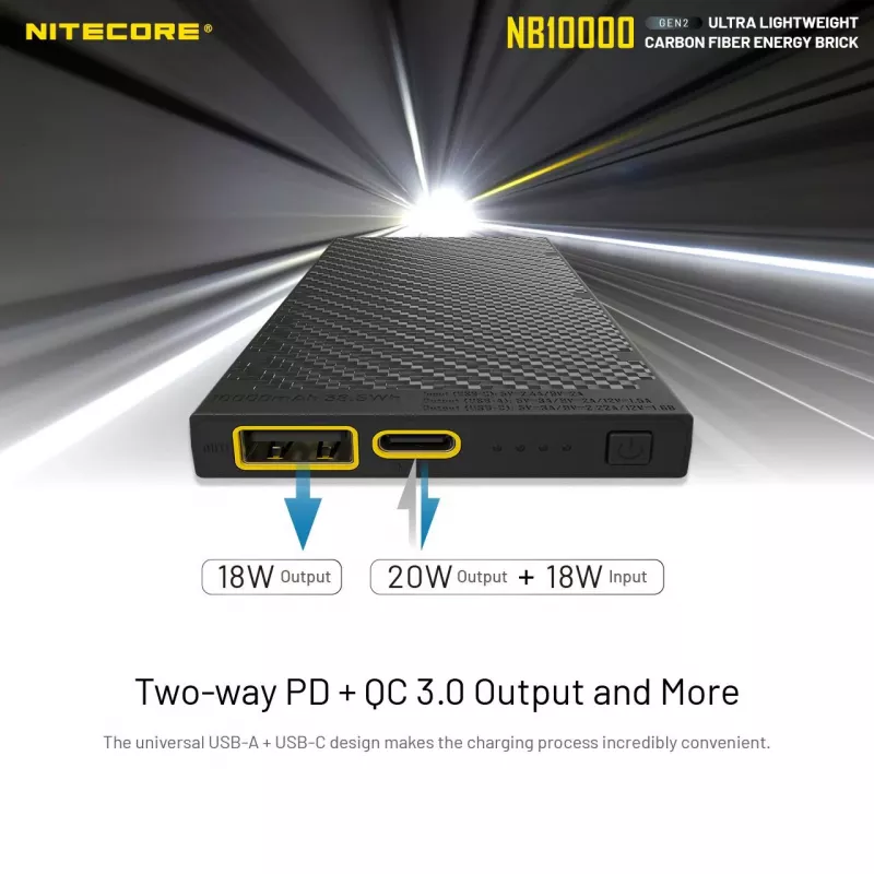 Powerbank portátil Nitecore NB10000 — 10000 mAh, USB‑A + USB‑C, 38 W saída total, cinzento