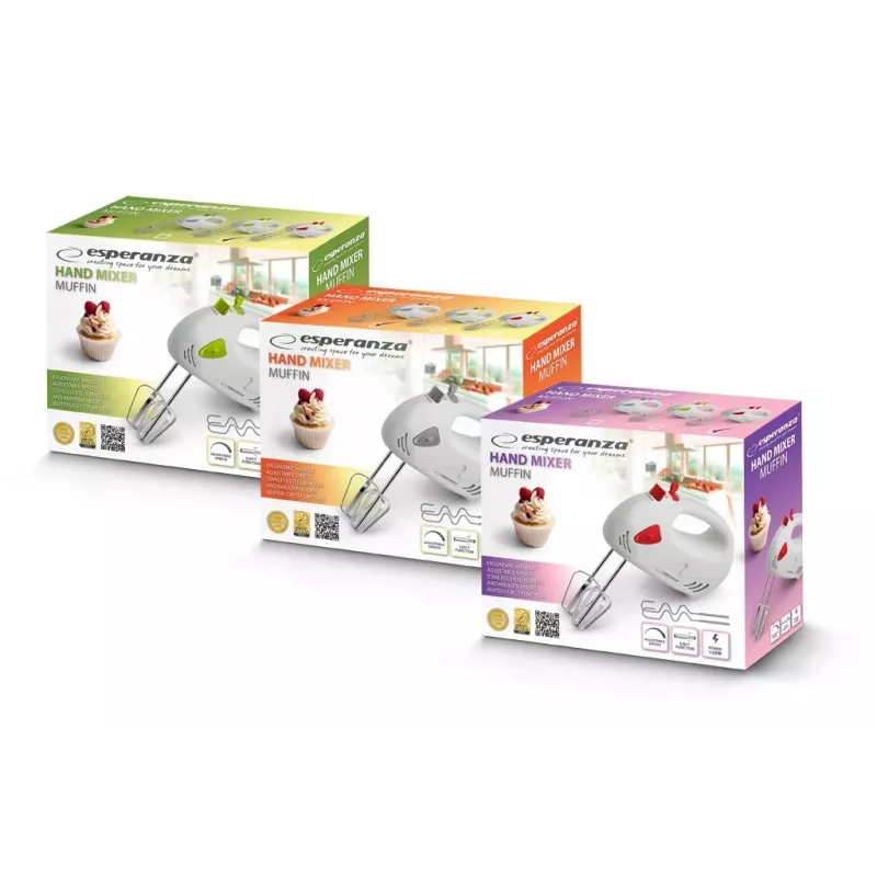Batedeira de mão ESPERANZA EKM007G — 150 W, 7 velocidades, varas, punho ergonómico, cabo de 1,1 m, verde/branco
