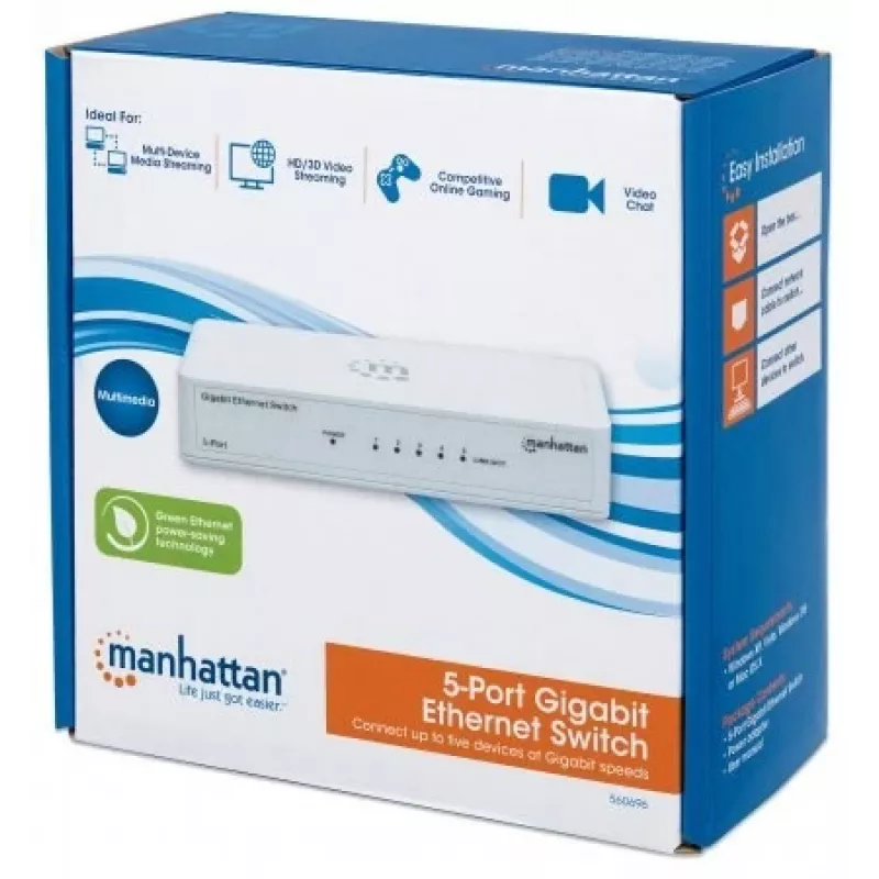 Switch Gigabit Ethernet 5 portas Manhattan, tamanho de secretária, plástico, IEEE 802.3az (Energy Efficient Ethernet), três anos de garantia, caixa