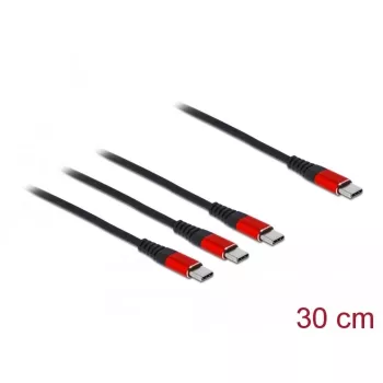 Cabo de carregamento USB DeLOCK 3-em-1 USB Type-C para 3 x USB Type-C 30 cm preto/vermelho