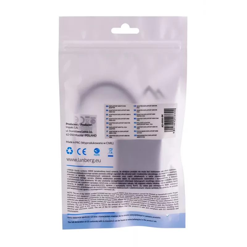 Cabo adaptador VGA (D-Sub) para Mini DisplayPort LANBERG AD-0006-BK, 0,2 m, DisplayPort 1.2, 1920×1200@60Hz, conector fêmea MiniDP, preto