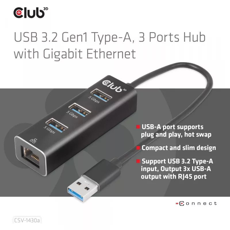 Hub USB CLUB3D USB 3.2 Gen1 Type-A com 3 portas e Gigabit Ethernet