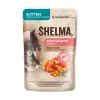 Alimento húmido para gatos SHELMA Kitten salmão e peru em molho 4×85 g saquetas, sem cereais, alimento completo