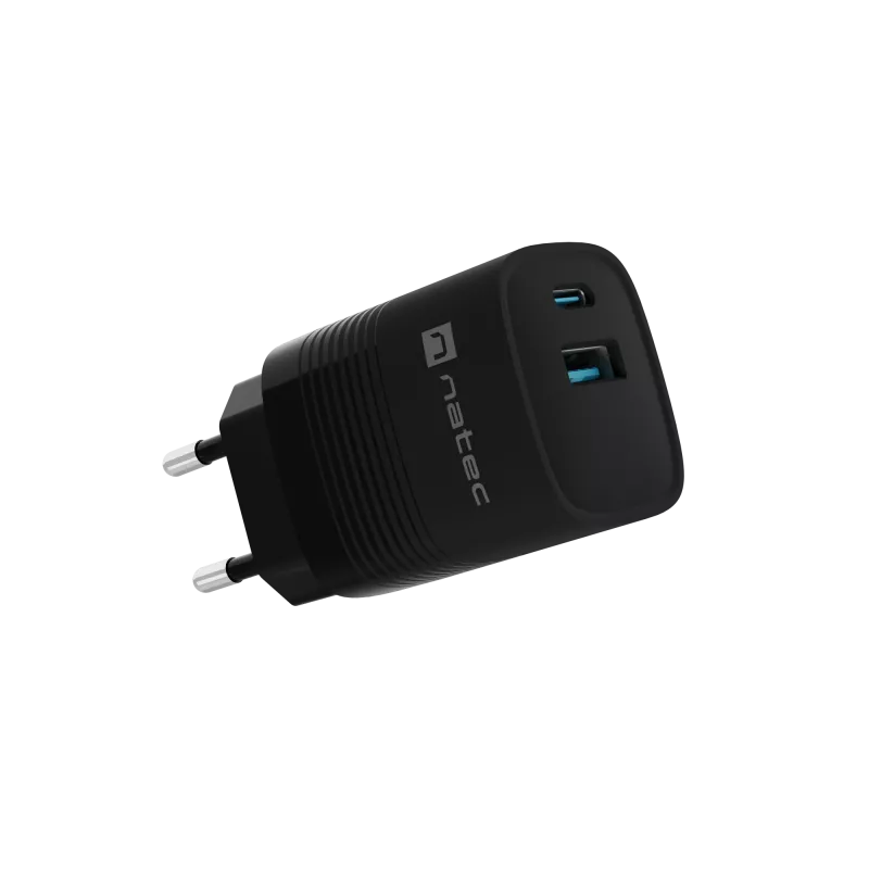 Carregador com fio NATEC para dispositivos móveis NUC-2141, 30W, USB-C PD 3.0 + USB-A QC 3.0, 110–240V, preto