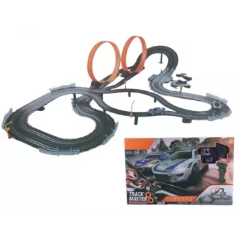 Pista de carros mecânica de brinquedo Madej Auto-Rennbahn com dois loopings — 011406, conjunto com carros de corda e de empurrar para crianças