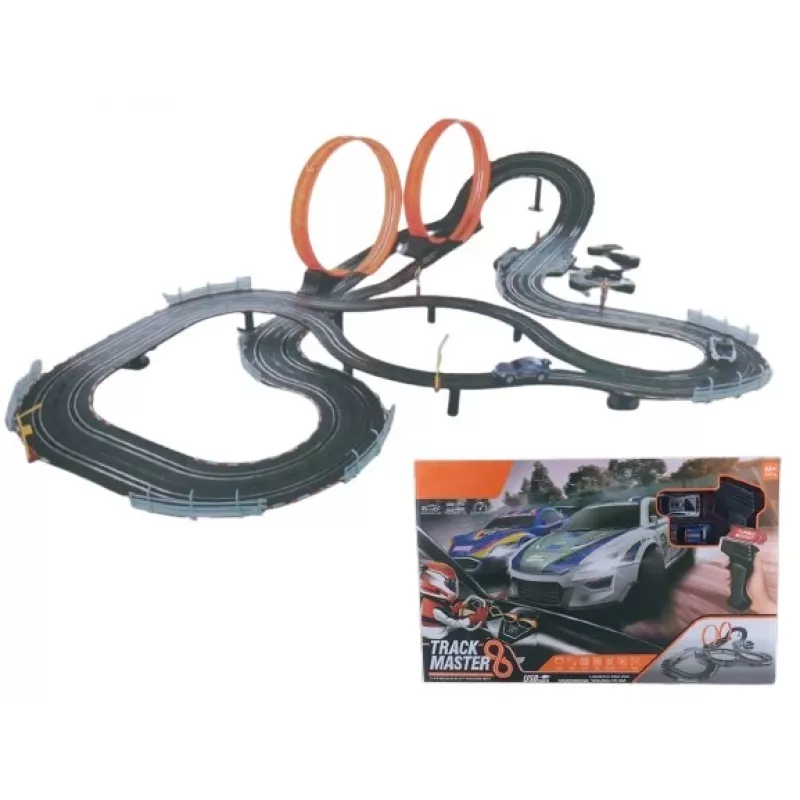 Pista de carros mecânica de brinquedo Madej Auto-Rennbahn com dois loopings — 011406, conjunto com carros de corda e de empurrar para crianças