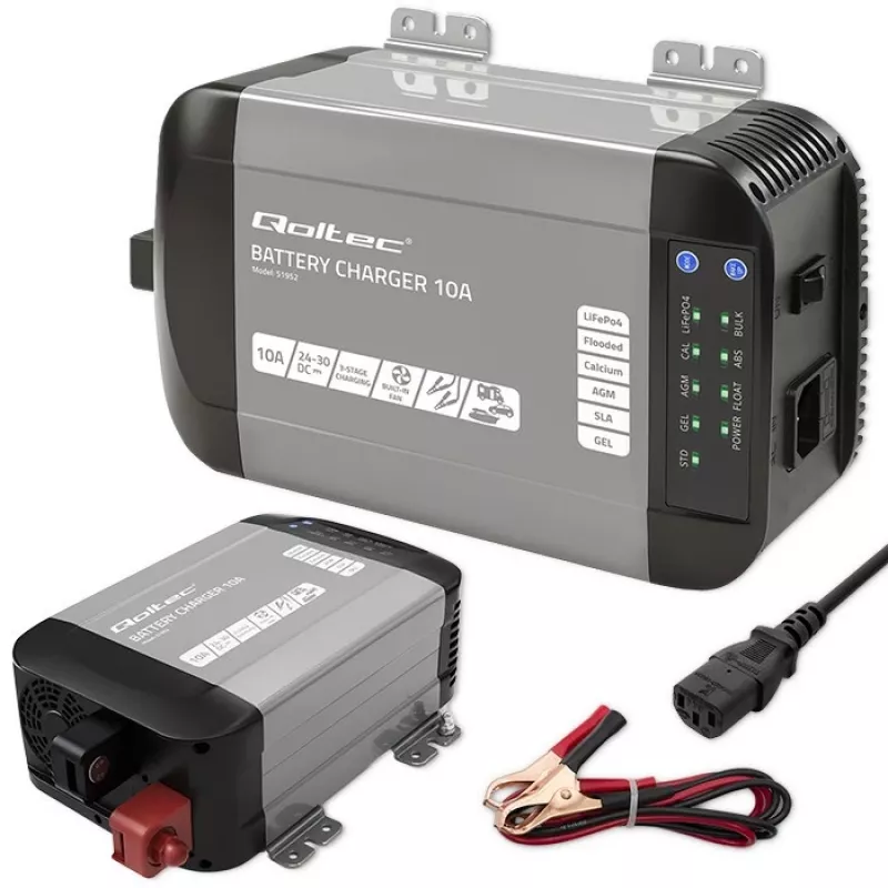 Qoltec 51952 carregador inteligente Monolith para baterias LiFePO4/AGM/GEL/SLA, 10 A, 24 V