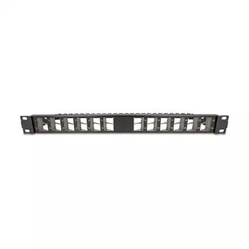 Painel Keystone DELOCK 19 polegadas 24 portas angular com alívio de tensão, 1U, preto, 482,6×125,5×44,2 mm