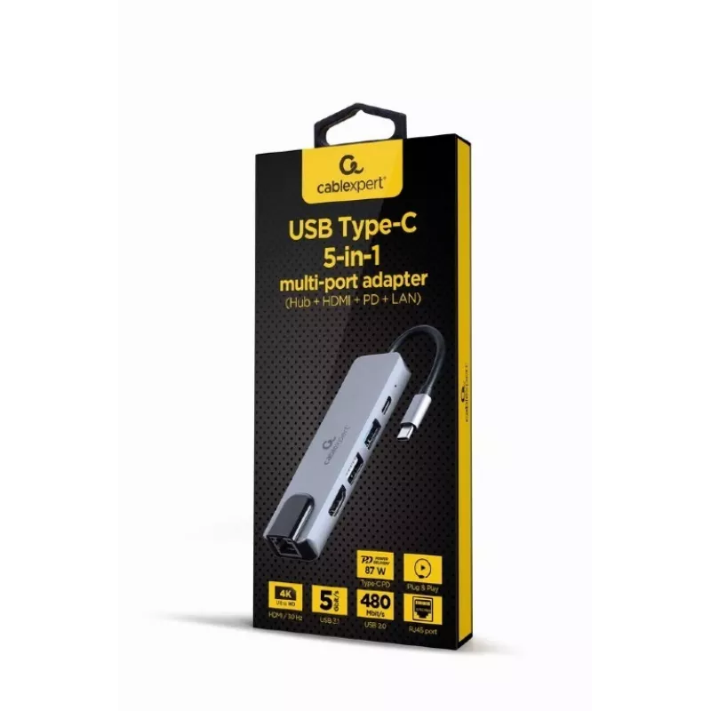 Dock para portátil Gembird A-CM-COMBO5-04 — USB 3.2 Gen 1 Type-C, 5 Gbit/s, PD 87 W, HDMI, Ethernet, USB-A