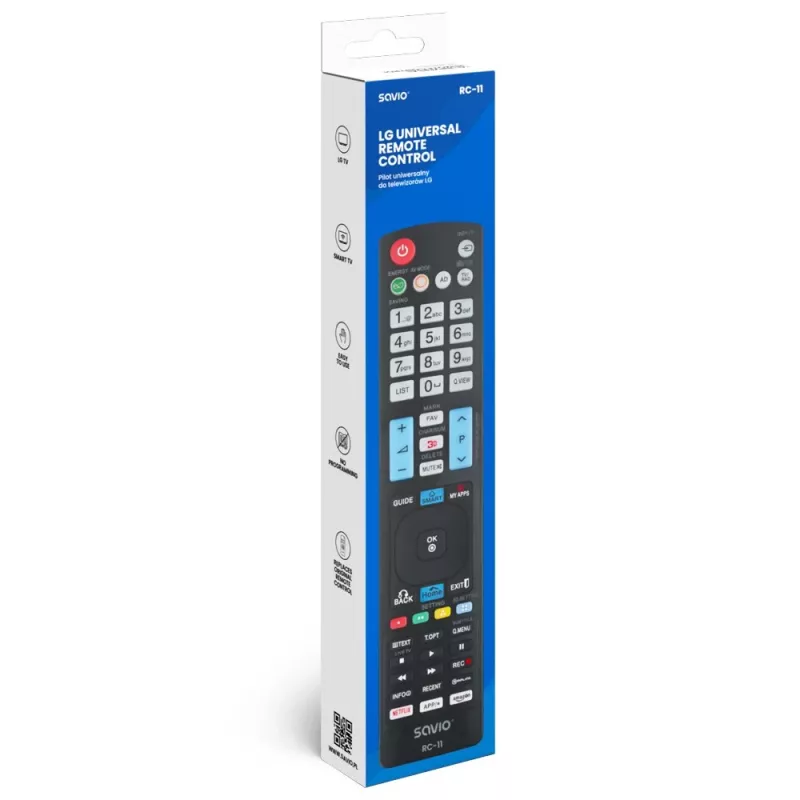 Comando à distância infravermelho SAVIO RC-11 para TV LG, preto, alcance 10 m, suporta 1 dispositivo