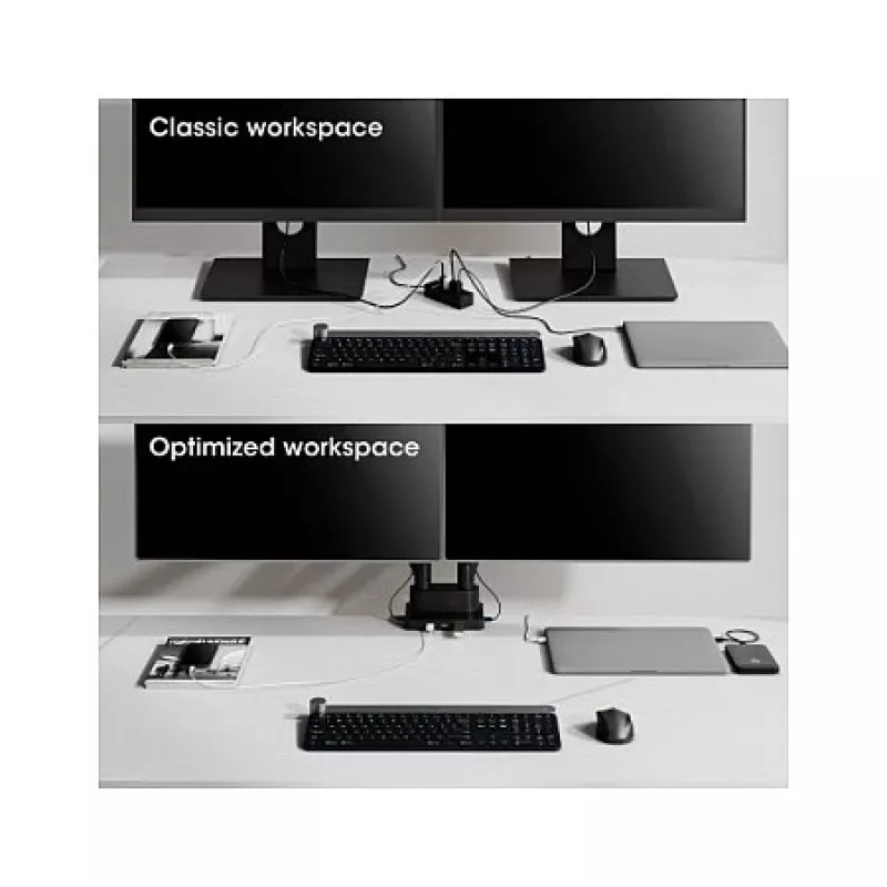 Suporte de secretária duplo Manhattan para TV e monitores (Full Motion mola a gás) com dock integrado, para ecrãs até 27 polegadas, ligações (x7): Ethernet, HDMI (x2), USB-A (x3) e USB-C, Power Delivery (100 W) para a ligação USB-C (requer fonte de alimentação/cabo USB-C separado), VESA: 75x75 e 100x100 mm