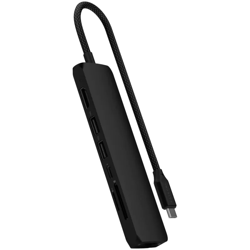 Adaptador multiportas USB-C Slim 7 em 1 Satechi Ethernet (USB-C PD, 2x USB-A, HDMI 4K, Ethernet, leitor de cartões micro/SD) (preto)