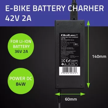 Carregador Qoltec 50761 para baterias de e-bike 36V | 42V | 2A | 5,5*2,5
