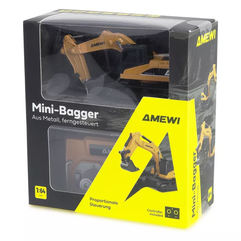 Escavadora modelo RC Amewi 22744 escala 1:64, motor elétrico, LiPo 200 mAh, para crianças a partir dos 6 anos