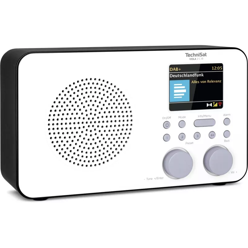 Rádio de internet TECHNISAT VIOLA 2 C IR — sintonizador analógico e digital, DAB+/FM, Wi‑Fi, 3 W, TFT 2,4 polegadas, 3,5 mm, preto/branco