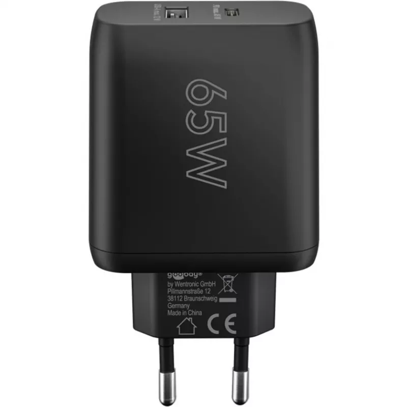 Carregador duplo rápido USB-C, PD, GaN, 65 Watt (preto, 1x USB-C, 1x USB-A, Power Delivery)