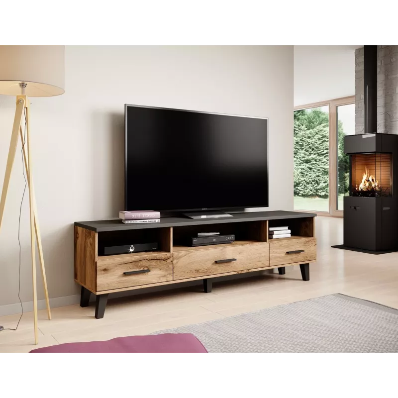 Cama Meble LOTTA 180 cm móvel de TV, carvalho Wotan + preto mate