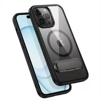 Capa protetora GUAN para iPhone 16 Pro Max — Parte traseira em vidro temperado, suporte integrado, transparente preto