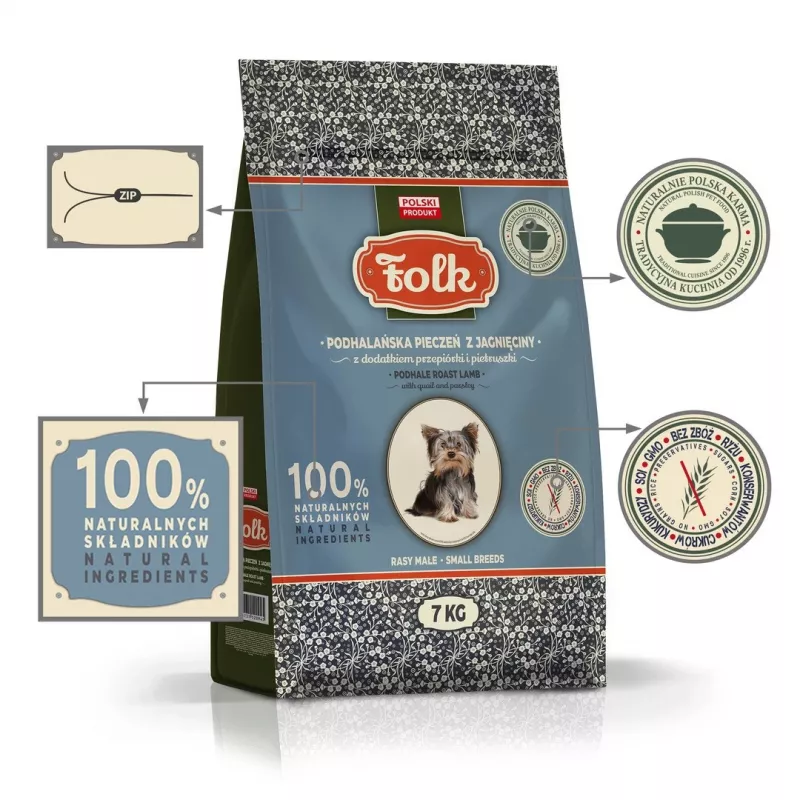 FOLK raças pequenas assado de borrego à moda de Podhale com codorniz e salsa - comida seca para cães - 7 kg