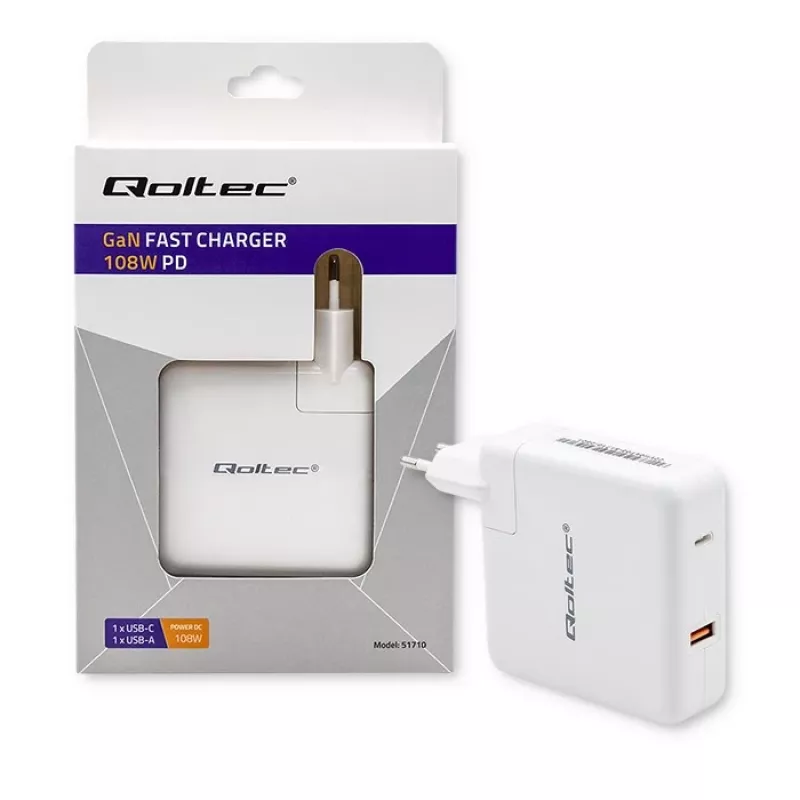 Carregador GaN Qoltec FAST 108W | 5-20V | 3-4.7A | USB C | branco