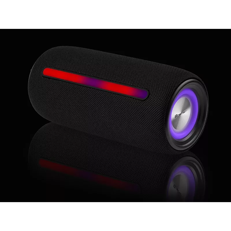 Altifalante estéreo portátil TRACER Stripe preto — 10 W RMS, Bluetooth/com fios, USB-A e USB-C, MicroSD, bateria integrada (até 5 h)