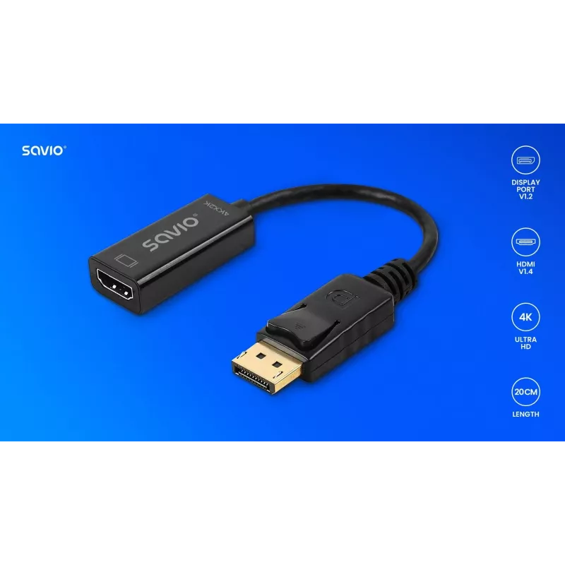 Adaptador Savio DisplayPort (macho) v1.2 - HDMI A (fêmea) v1.4, 4K, AK-62