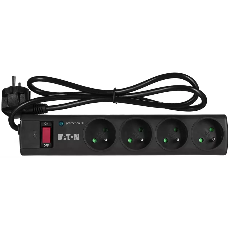 Régua de tomadas com proteção contra sobretensão EATON Power Strip 4 FR — 4 tomadas Type-E, cabo de 1 m, 10 A, 2500 W, indicadores LED