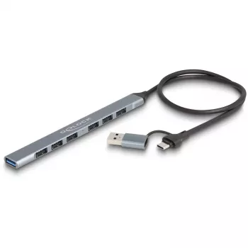 Delock 64273 hub USB fino de 7 portas, USB Type-C ou Type-A para 1x USB 5 Gbps Type-A + 6x USB 2.0 Type-A