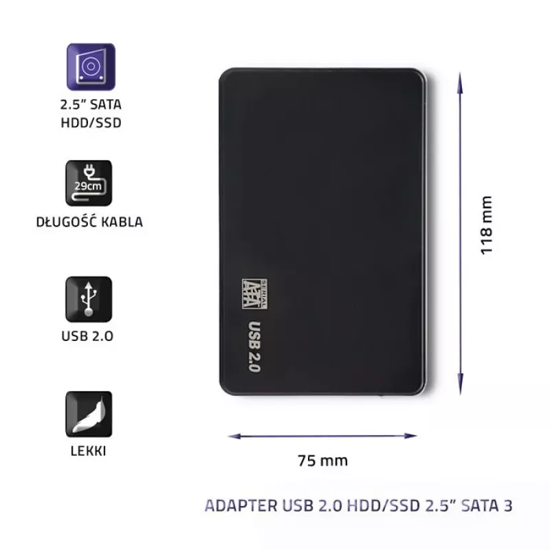 Adaptador para disco rígido QOLTEC 51862 USB 2.0 para HDD/SSD SATA3 de 2,5 polegadas