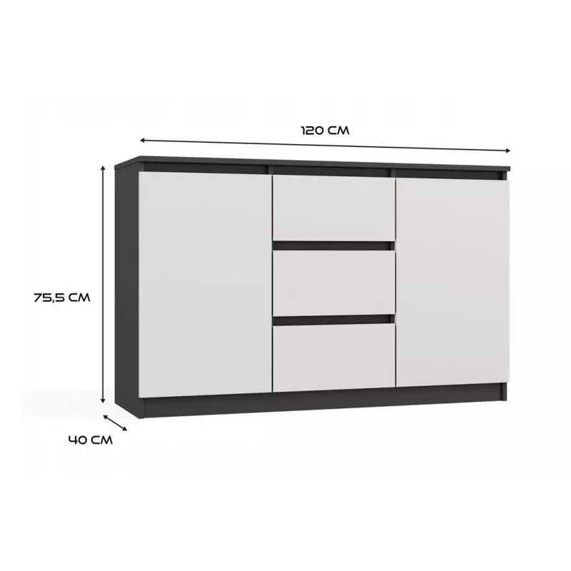 Cómoda 2 portas 3 gavetas top e shop M-MP-K-MAL-2D3S-ANTBIA — estrutura antracite, portas brancas, 1200×750×400 mm