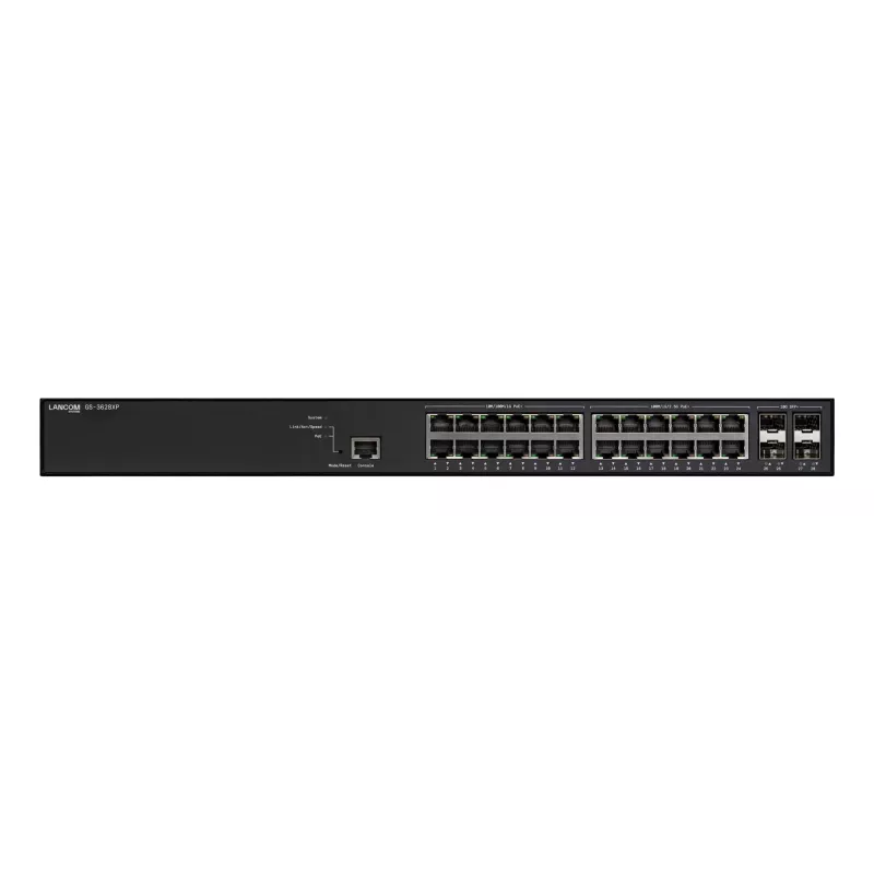 Switch gerido LANCOM GS-3628XP, 24× portas 2,5G RJ-45, PoE, L2/L3, montagem em rack 1U