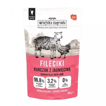 Alimento húmido para gatos wiejskazagroda filetes de frango com borrego 85 g — adulto, sem cereais, saco de porção individual