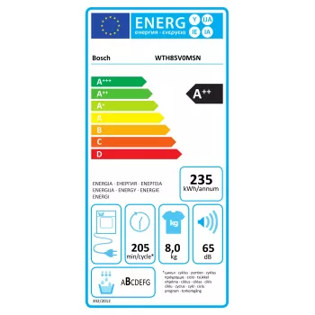 Máquina de secar roupa com bomba de calor Bosch | WTH85V0MSN | classe de eficiência energética E | carga frontal | 8 kg | LED | profundidade 61 cm | branco