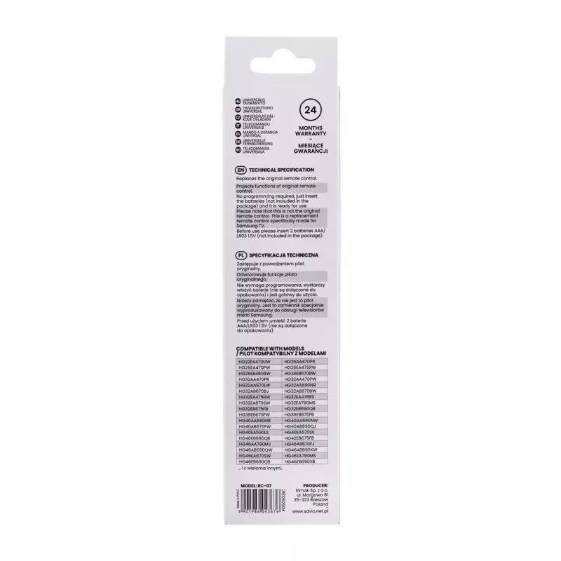 Comando à distância SAVIO RC-07 para TV Samsung, IR sem fios, preto, botões