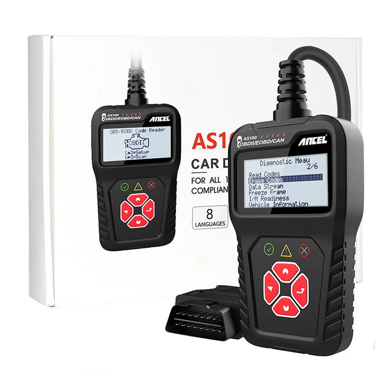 Aparelho de diagnóstico OBD2 Ancel AS100/AC100, suporte multi-protocolo, formato portátil compacto