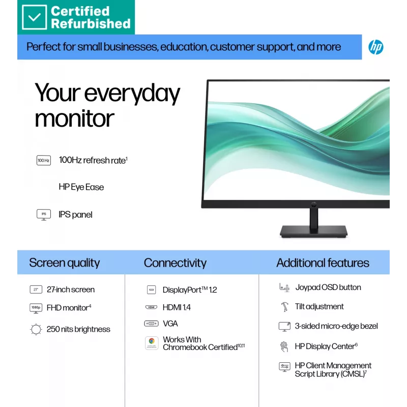 RENEW SILVER Monitor HP 327pf Series 3 Pro FHD - 27 polegadas 1920x1080 FHD 250-nit 100Hz AG, IPS, HDMI/VGA/DisplayPort, inclinável, 1 ano de garantia