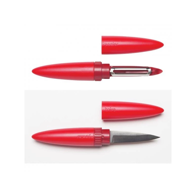 ViceVersa Inky 2-in-1 descascador de batatas e raspador com suporte, vermelho